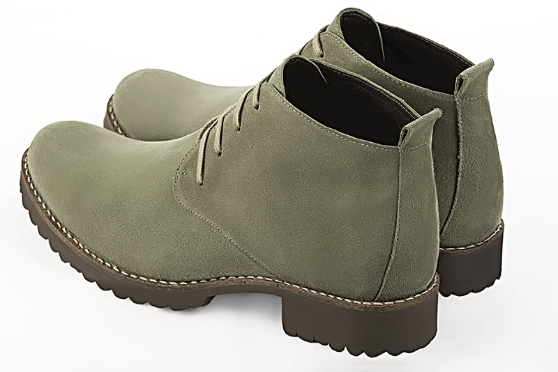 Khaki green dress ankle boots for men. Round toe. Flat rubber soles. Rear view - Florence KOOIJMAN